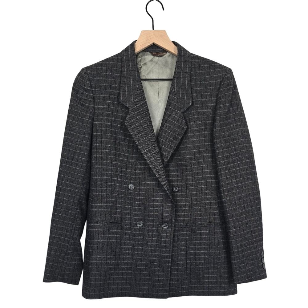 Vintage 90's Nordstrom Cricketeer Wool Gray Plaid Double Breasted Blazer Sz 6